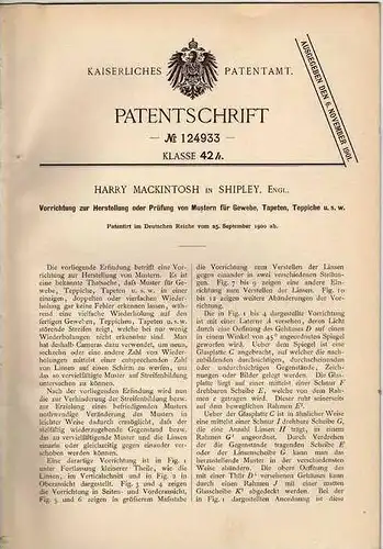 Original Patentschrift - H. Mackintosh in Shipley , 1900 , Muster für Teppich , Gewebe , Tapete !!!