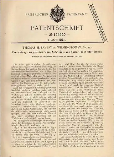 Original Patentschrift - T. Savery in Wilmington , 1901 , Maschine für Papier und Stoff !!!