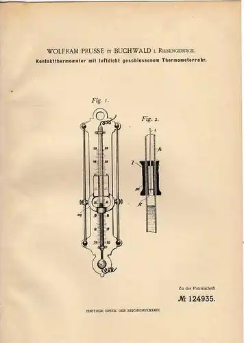 Original Patentschrift - W. Prusse in Buchwald i. Riesengebirge , 1900 , Thermometer , Kontaktthermometer , Quecksilber