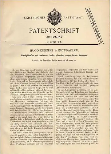 Original Patentschrift - H. Kleinert in Inowrazlaw , 1900 , Blechglühöfen !!!