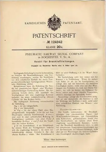Original Patentschrift - Pneumatic Railway Signal Comp. in Rochester , 1900 , Ventil für Druckluft !!!