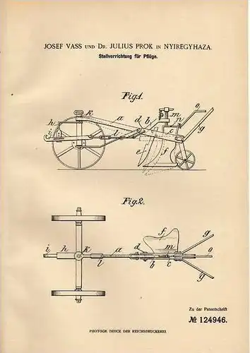 Original Patentschrift - J. Vass in Nyiregyhaza , 1900 , Pflug , Landwirtschaft , Acker , Ernte !!!