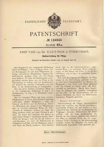 Original Patentschrift - J. Vass in Nyiregyhaza , 1900 , Pflug , Landwirtschaft , Acker , Ernte !!!