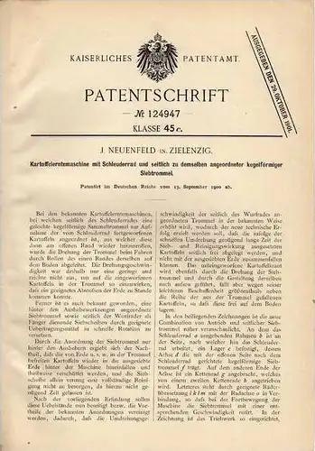 Original Patentschrift - J. Neuenfeld in Zielenzig / Sulecin , 1900 , Erntemaschine für Kartoffeln , Landwirtschaft !!!