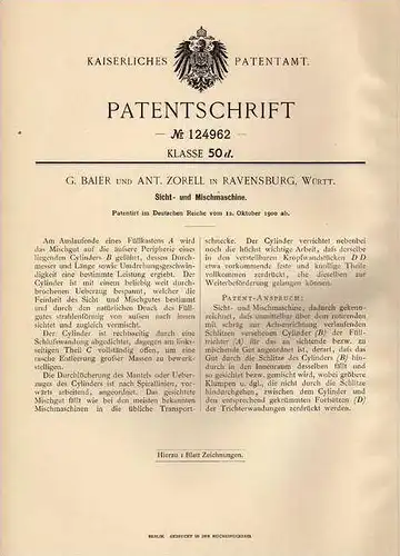 Original Patentschrift - G. Baier in Ravensburg , 1900 , Sicht- und Mischmaschine !!!