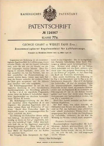 Original Patentschrift - G. Grant in Widley Farm , 1900 , Segel für Flugzeug , Luftschiff  !!!