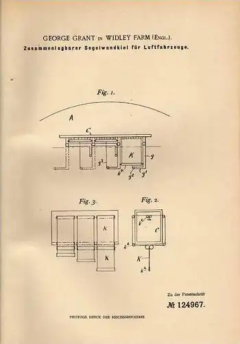 Original Patentschrift - G. Grant in Widley Farm , 1900 , Segel für Flugzeug , Luftschiff  !!!