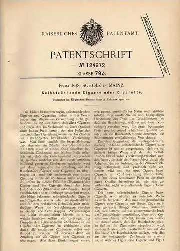 Original Patentschrift - selbstzündende Cigarre oder Cigarette , 1901 , J. Scholz in Mainz , Zigarette !!!