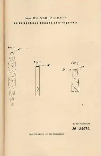 Original Patentschrift - selbstzündende Cigarre oder Cigarette , 1901 , J. Scholz in Mainz , Zigarette !!!