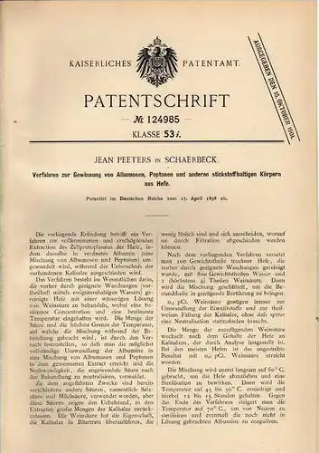 Original Patentschrift - J. Peeters in Schaerbeck , 1898 , Herstellung von Hefe !!!