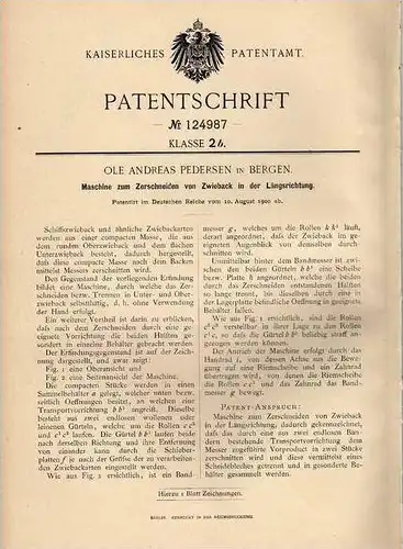 Original Patentschrift - O. Pedersen in Bergen , 1900 , Maschine für Zwieback !!!