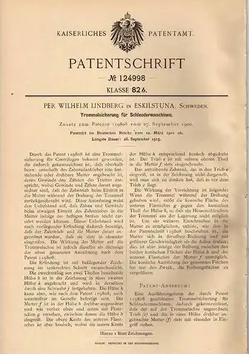 Original Patentschrift - P. Lindberg in Eskilstuna , 1901 , Centrifuge , Schleudermaschine !!!