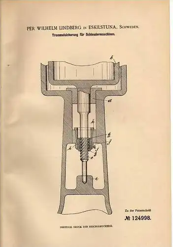 Original Patentschrift - P. Lindberg in Eskilstuna , 1901 , Centrifuge , Schleudermaschine !!!