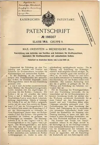 Original Patentschrift - M. Orenstein in Michendorf , 1906 , Antrieb für Ventile von Kraftmaschinen , Motor !!!