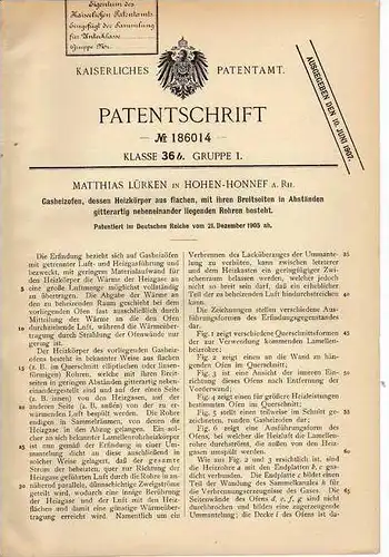 Original Patentschrift - M. Lürken in Hohen - Honnef , 1905 , Gasheizofen , Heizung , Kammin , Ofen !!!