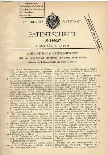 Original Patentschrift - H. Reissig in Crefeld - Bockum , 1905 , Steuerung für Drucklufthammer !!!