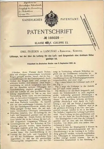Original Patentschrift - E. Frieden in Langnau i. Emmental , 1905 , Lötlampe !!!