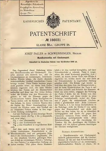 Original Patentschrift - J. Faller in Schwenningen , Meckar , 1906 , Mundharmonika mit Glockenspiel !!!