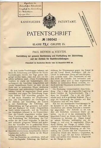 Original Patentschrift - Zieleinrichtung zum Nachtschießen für Geschütze , 1905 , P. Heyner in Stettin !!!