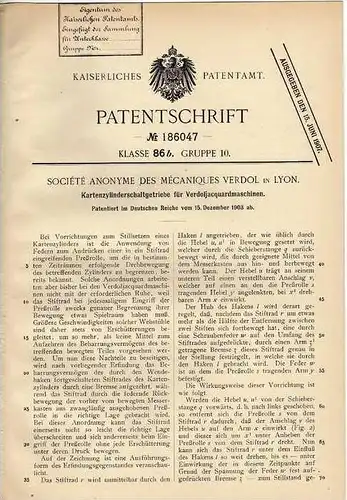 Original Patentschrift - Société des Mécaniques Verdol in Lyon , 1903 , Schaltgetriebe für Kartenzylinder !!!