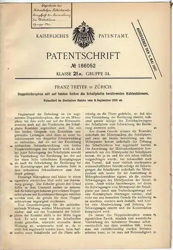 Original Patentschrift - F. Treyer in Zürich , 1905 , Doppelmikrophon , Mikrophon mit Schallplatte !!!