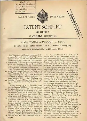 Original Patentschrift - H. Svanda in Wysocan bei Prag , 1905 , Drehstrommaschine , synchron , Motor !!!