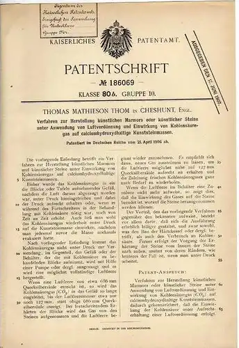 Original Patentschrift - T. Thom in Cheshunt , England , 1906 , Herstellung von Marmor und Steine !!!