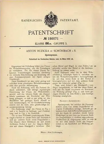 Original Patentschrift - A. Rucicka in Schönbach , 1906 , Spulenpresse , Webstuhl , Weberei  !!!