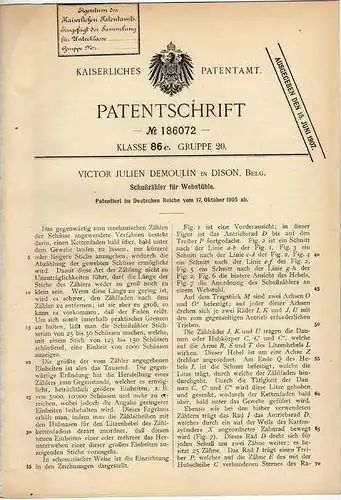 Original Patentschrift - V. Demoulin in Dison , Belgien , 1905 , Webstuhl , Schußzähler , Weberei !!!