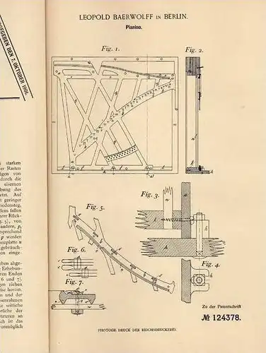 Original Patentschrift - L. Baerwolff in Berlin , 1900 , Piano , Pianino , Klavier !!!