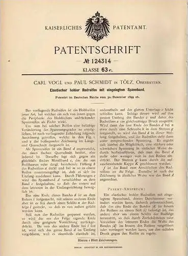 Original Patentschrift - C. Vogl in Bad Tölz , Oberbayern , 1899 , Radreifen mit Spannband , Reifen  !!!