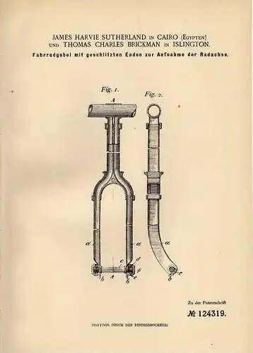 Original Patentschrift - T. Brickman in Islington und Cairo , 1900 , Fahrradgabel , Fahrrad !!!