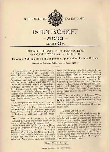 Original Patentschrift - F. Leyser in Hamersleben und Halle , 1900 , Fahrrad - Antrieb  !!!