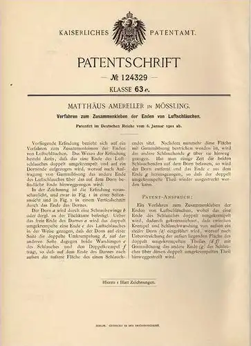 Original Patentschrift - M. Amereller in Mössling , 1901 , Verklebbare Luftschläuche !!!