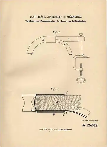 Original Patentschrift - M. Amereller in Mössling , 1901 , Verklebbare Luftschläuche !!!