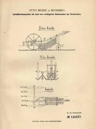 Original Patentschrift - O. Becker in Bromberg , 1900 , Erntemaschine für Kartoffeln , Ernte , Landwirtschaft !!!