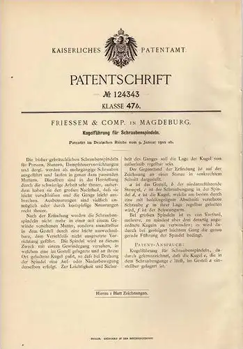 Original Patentschrift - Friessem & Co in Magdeburg , 1901 , Schraubenspindel , Spindel !!!