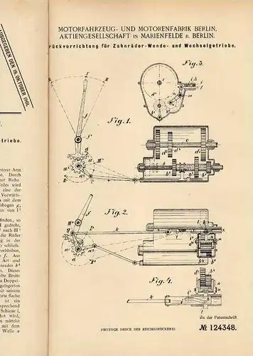 Original Patentschrift - Motorfahrzeugfabrik AG in Marienfelde b. Berlin , 1900 , Wechselgetriebe , Getriebe !!!