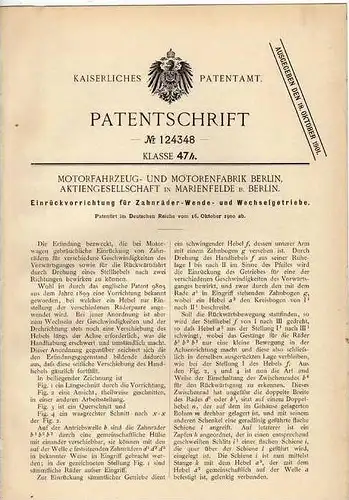 Original Patentschrift - Motorfahrzeugfabrik AG in Marienfelde b. Berlin , 1900 , Wechselgetriebe , Getriebe !!!