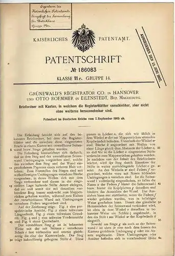 Original Patentschrift - O. Roemmer in Eilenstedt , Bez. Magdeburg , 1905 , Briefordner , Register !!!