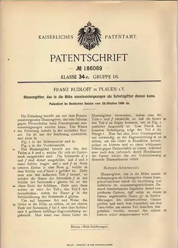 Original Patentschrift - F. Rudloff in Plauen i.V., 1906 , Blumengitter , Blumen !!!