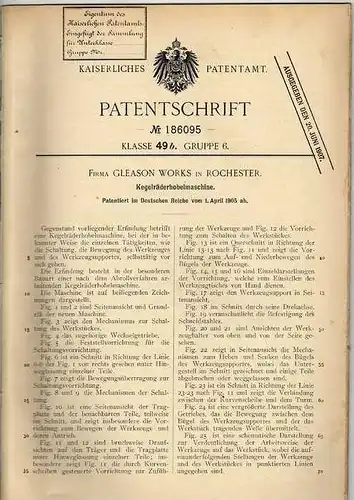 Original Patentschrift - Fa. Geason Works in Rochester , 1905 , Hobel - Maschine  !!!