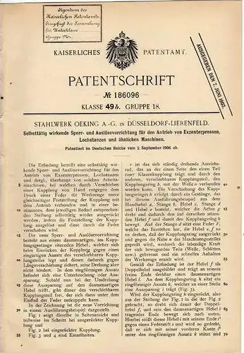 Original Patentschrift - Stahlwerk Oeking AG in Düsseldorf - Lierenfeld , 1906 , Exzenterpresse , Presse !!!