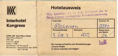 alter Hotelausweis , Interhotel Kongress in Karl-Marx-Stadt , DDR , Hotel !!!