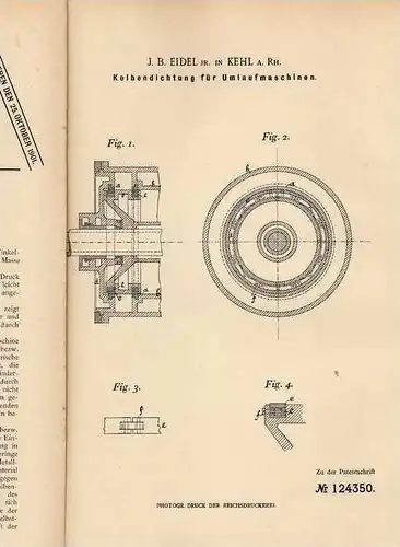 Original Patentschrift - J. Eidel in Kehl a.Rh., 1900 , Kolbendichtung für Umlaufmaschinen !!!