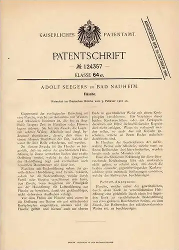 Original Patentschrift - A. Seegers in Bad Nauheim , 1901, Flasche für Alkohol und Wein !!!