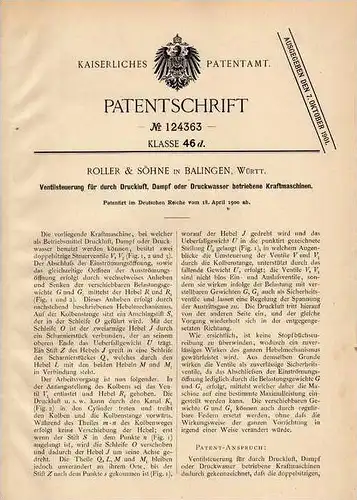 Original Patentschrift - Roller & Söhne in Balingen , Württ., 1900 , Ventisteuerung für Kraftmaschinen !!!