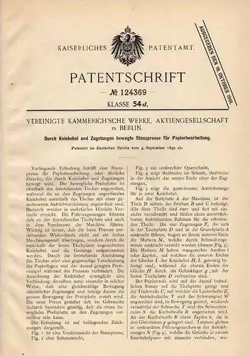 Original Patentschrift - Kammerich`sche Werke  AG in Berlin , 1899 , Stanzpresse , Presse für Papier !!!