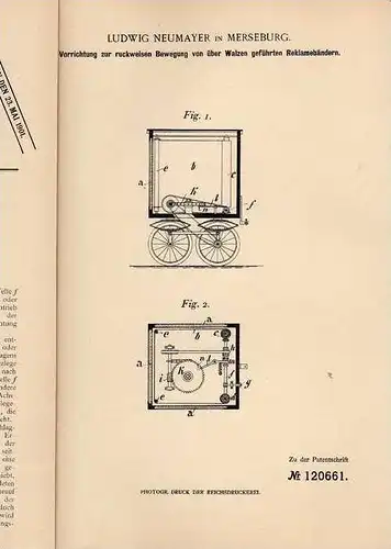Original Patentschrift - L. Neumayer in Merseburg , 1900 , Reklamewagen , Reklame , Werbung !!!