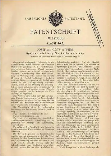Original Patentschrift - J. von Götz in Wien , 1899 , Kurbelantrieb , Sperre !!!